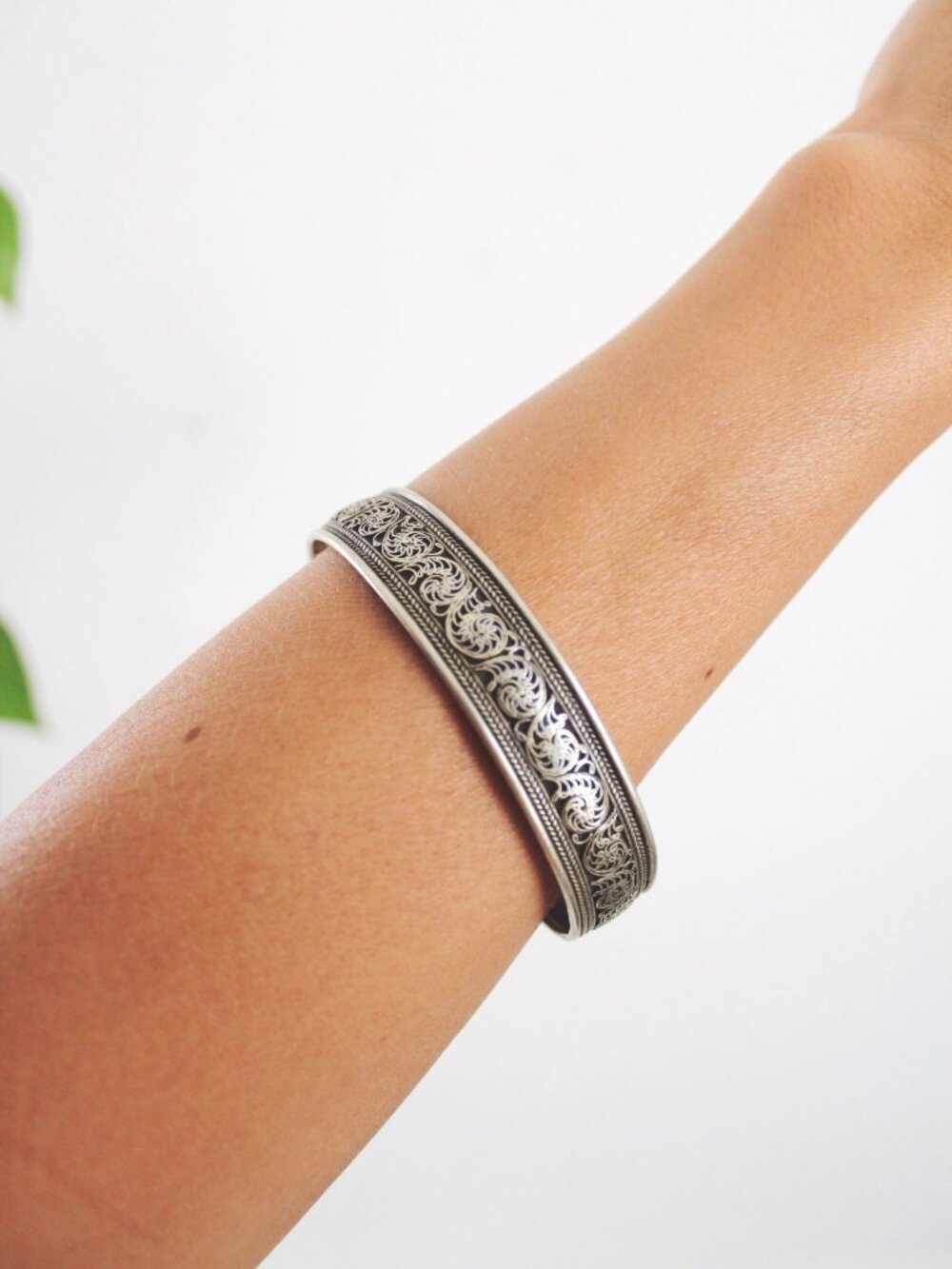 Vintage Silver Engraved Cuff Bracelet Floral Scrollwork Etched Dragon Tibet Nepa